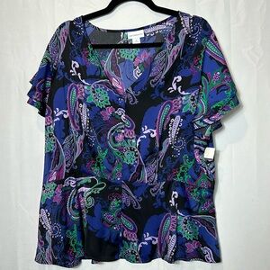 Liz Claiborne Button Down Paisley Flutter Sleeve Top Size 1X New Purple Black